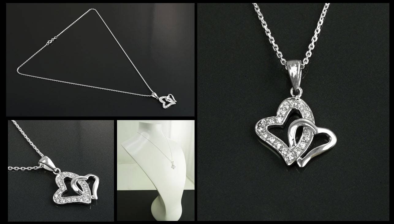 Sterling Silver Double Heart Necklace, Paved Clear CZ Stones, Promise Charm