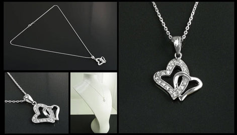 Sterling Silver Double Heart Necklace, Paved Clear CZ Stones, Promise Charm