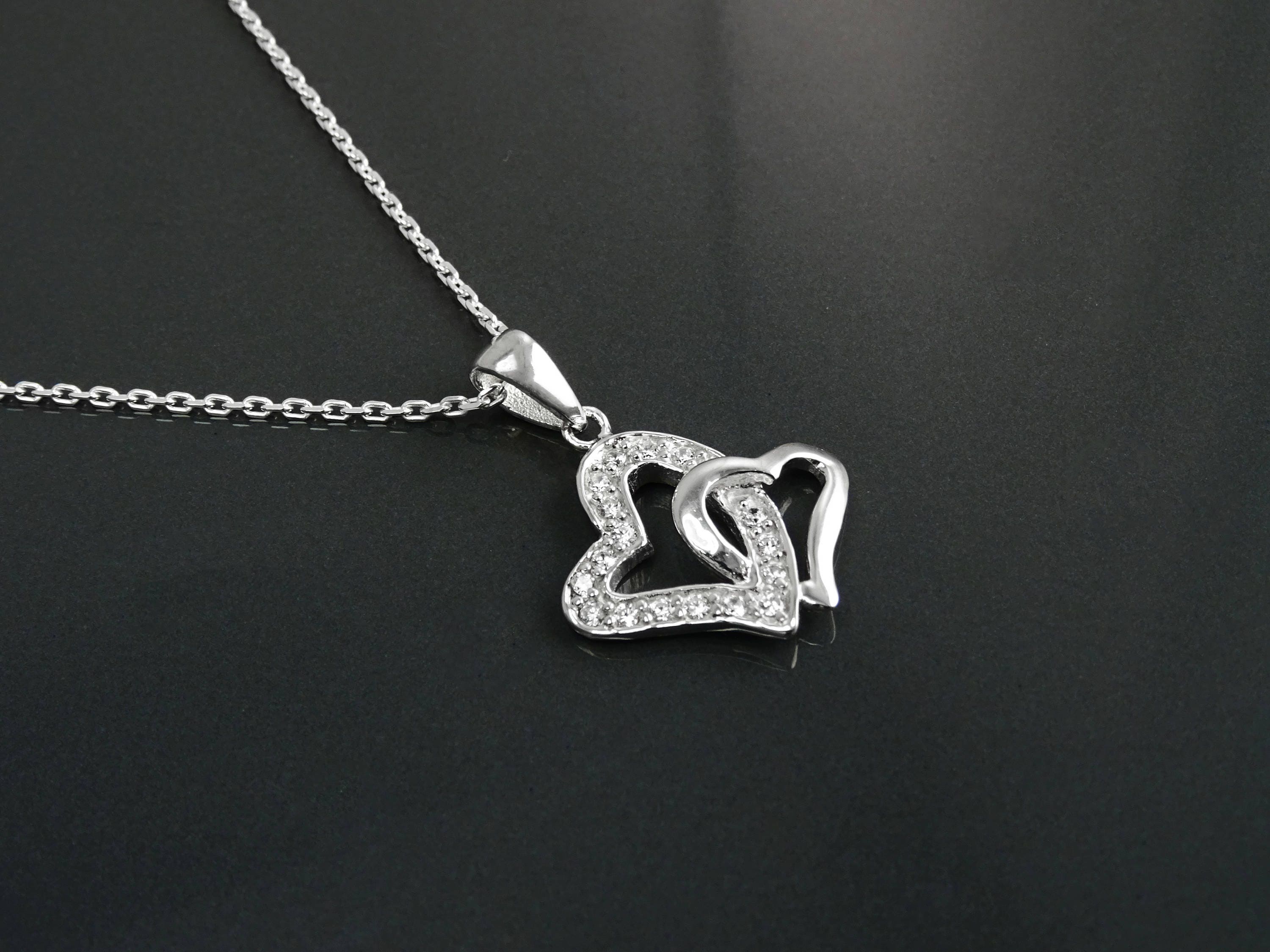 Sterling Silver Double Heart Necklace, Paved Clear CZ Stones, Promise Charm