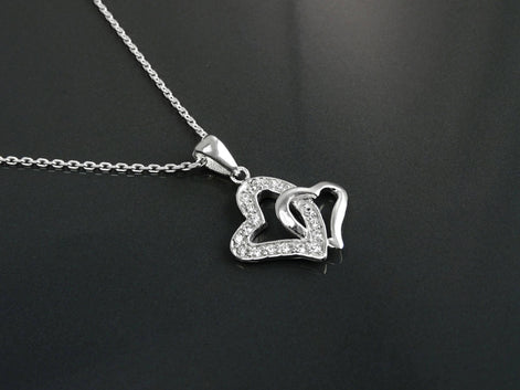 Sterling Silver Double Heart Necklace, Paved Clear CZ Stones, Promise Charm