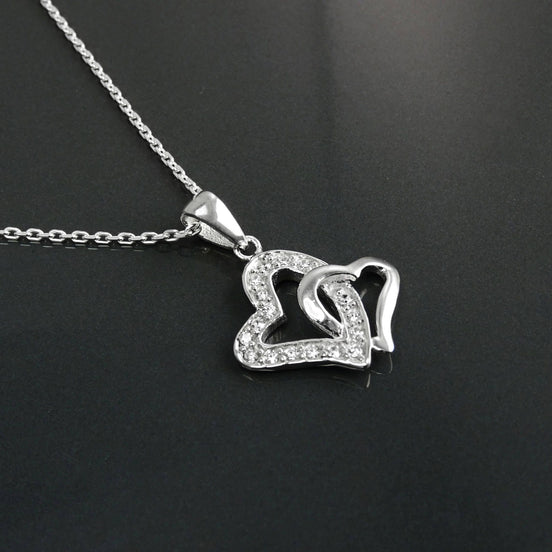 Sterling Silver Double Heart Necklace, Paved Clear CZ Stones, Promise Charm