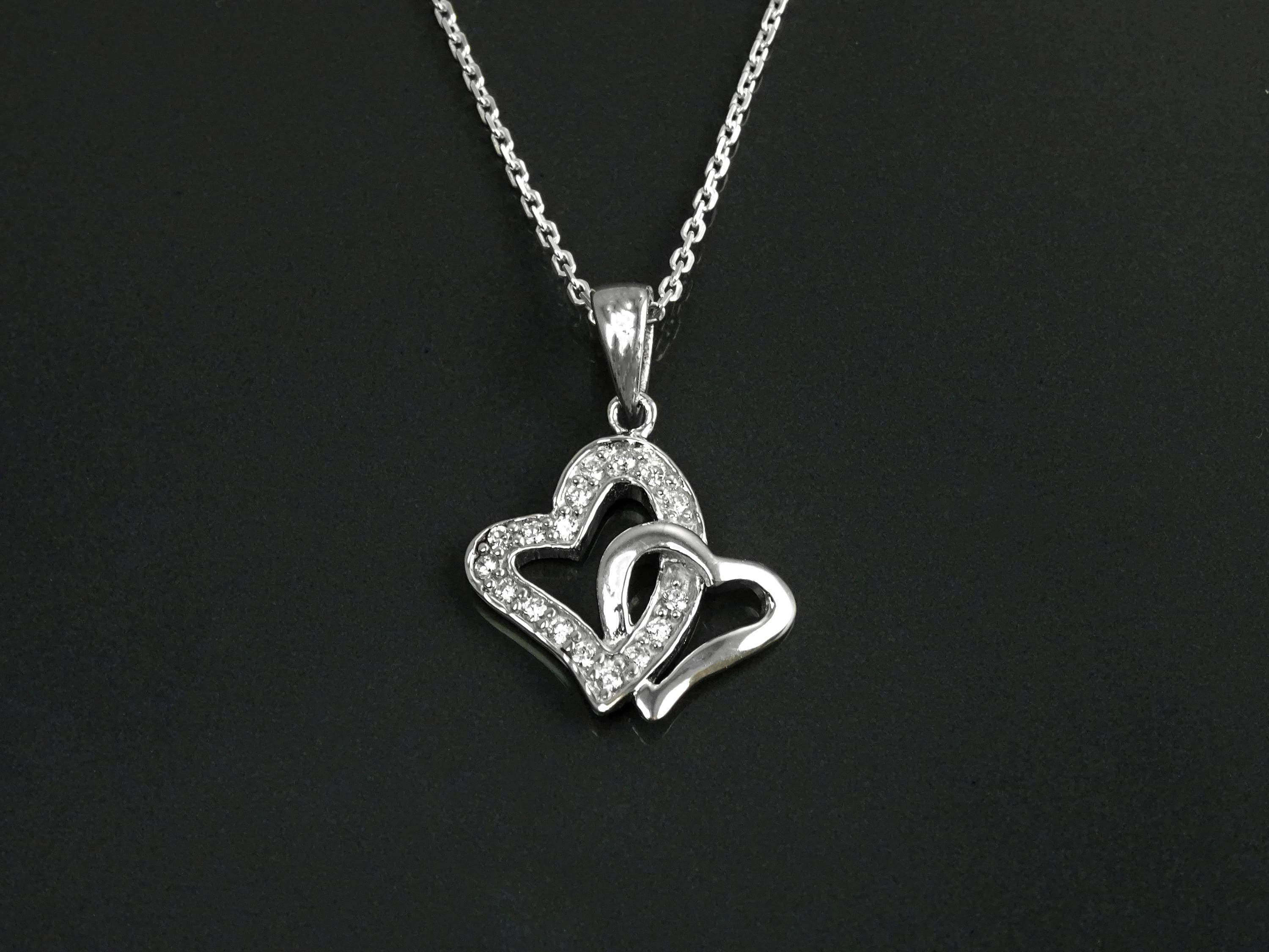Sterling Silver Double Heart Necklace, Paved Clear CZ Stones, Promise Charm