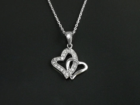 Sterling Silver Double Heart Necklace, Paved Clear CZ Stones, Promise Charm