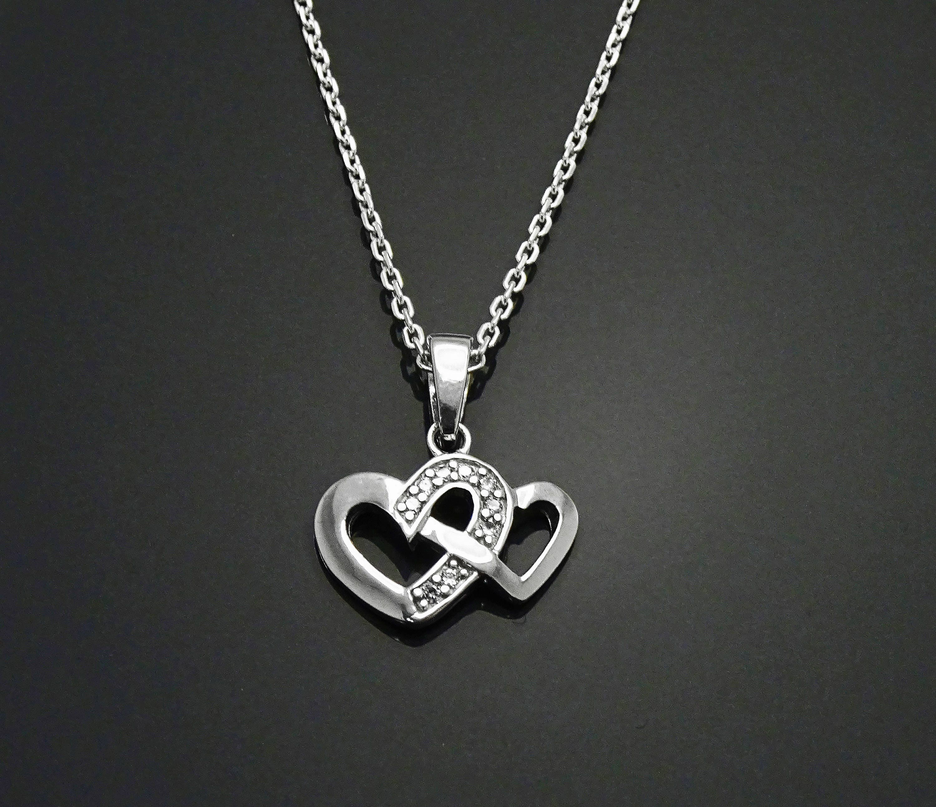 Sterling Silver Double Heart Necklace, CZ Paved Pendant