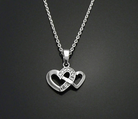 Sterling Silver Double Heart Necklace, CZ Paved Pendant
