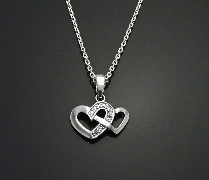 Sterling Silver Double Heart Necklace, CZ Paved Pendant