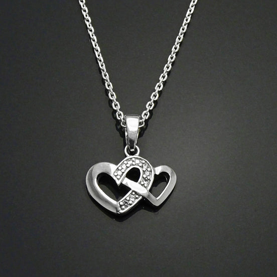 Sterling Silver Double Heart Necklace, CZ Paved Pendant