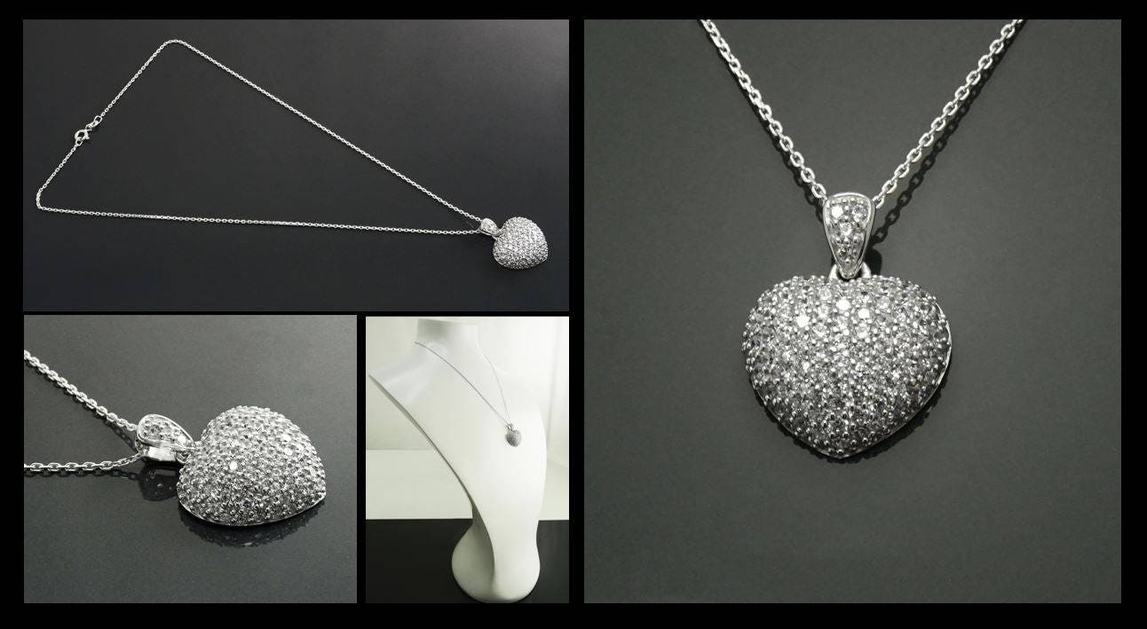 Forever Pave Diamond Heart Necklace by KRAMIKE • Love Necklace for Girlfriend • Perfect Gift for Wife • Sterling Silver • Size L • KP003