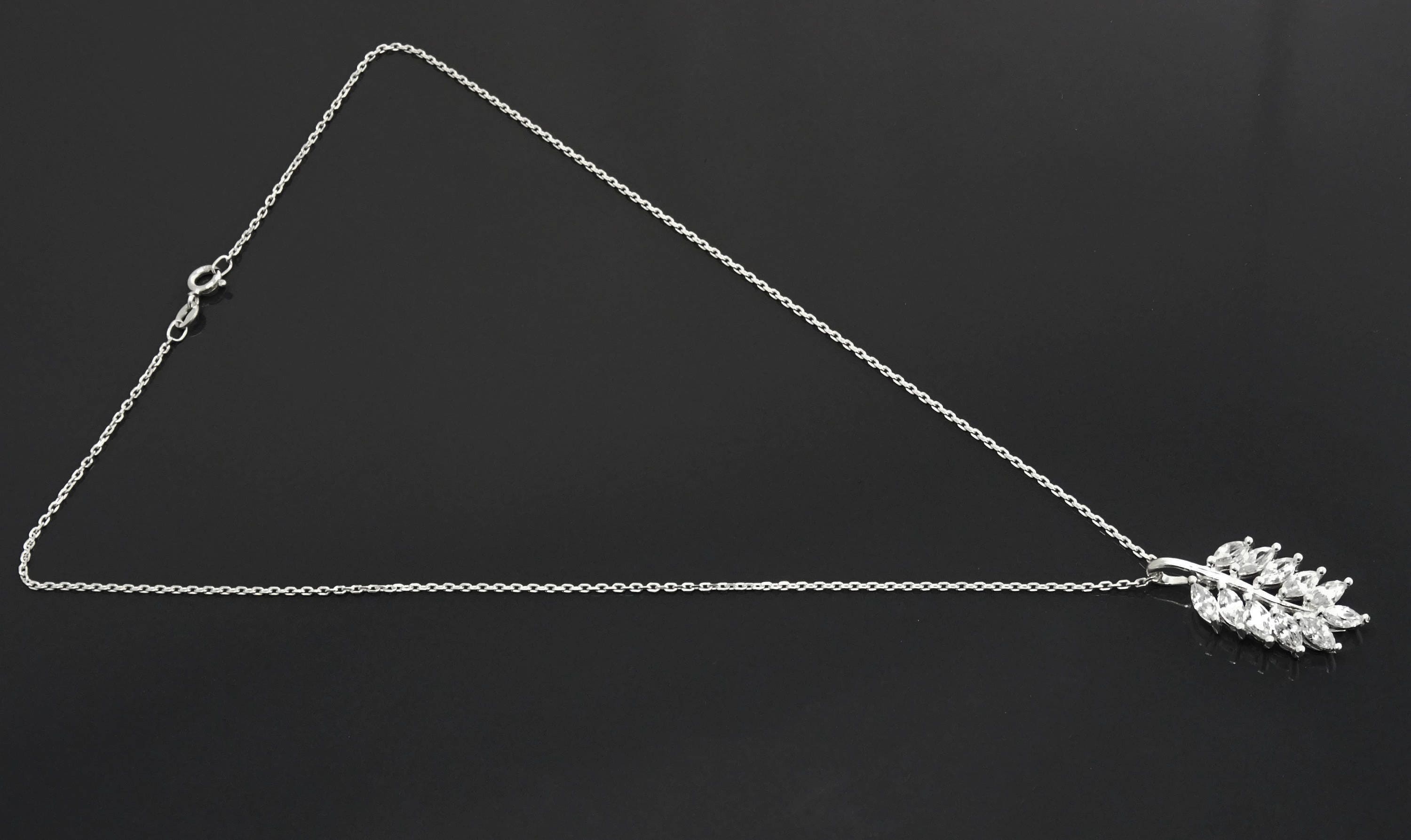 Laurel Necklace, Sterling Silver, White Clear Stone (Cz), Leaf Branch Charm, Unique Jewelry Gifts for Her, Women Leaves Pendant with stones