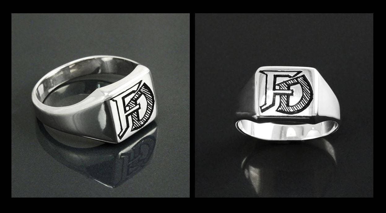 Hand Engraved Sterling Silver Signet Ring, Personalized Initials Jewelry