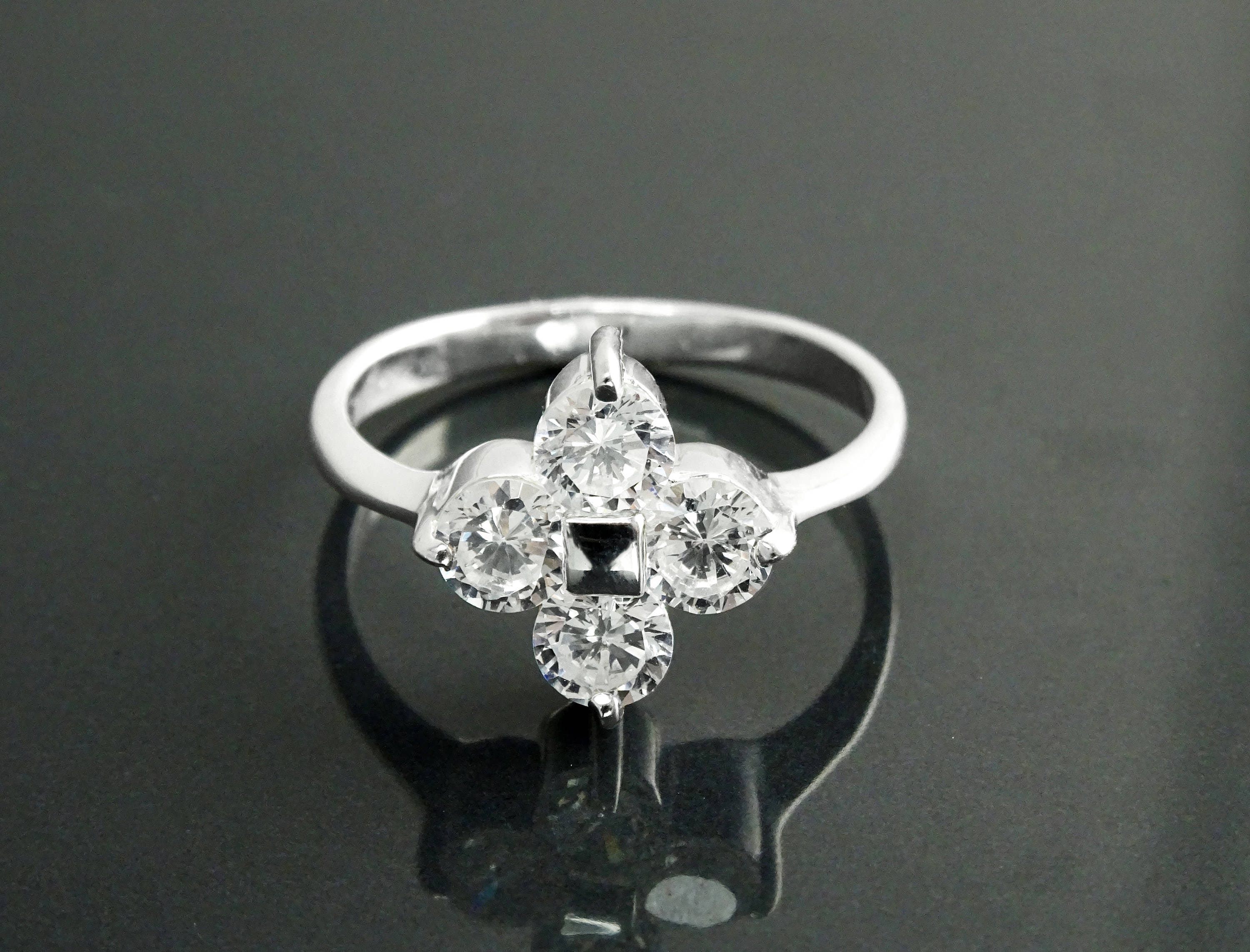 Sterling Silver Quatrefoil Flower Ring, Diamond CZ Gemstone