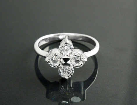 Sterling Silver Quatrefoil Flower Ring, Diamond CZ Gemstone