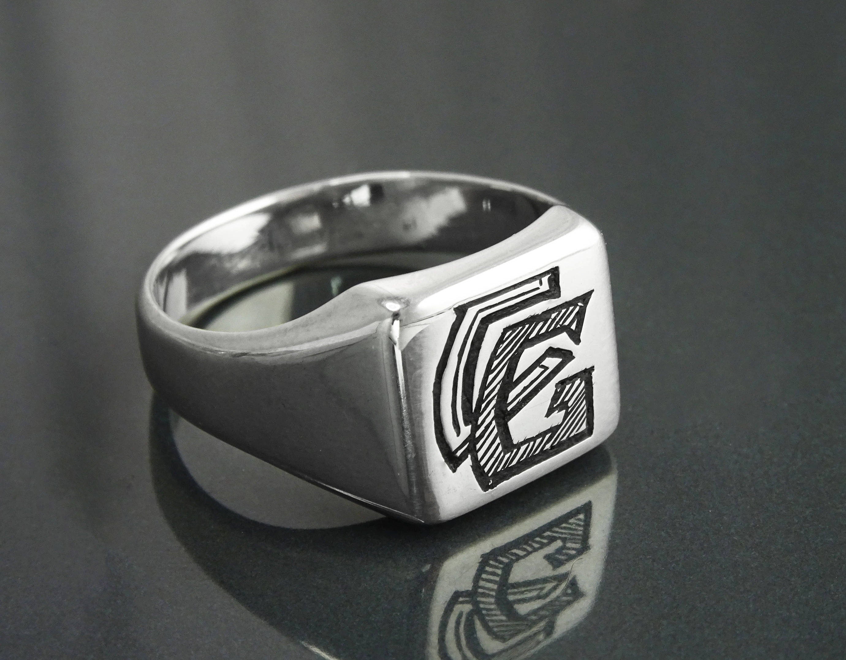 Hand Engraved Sterling Silver Signet Ring, Personalized Initials Jewelry