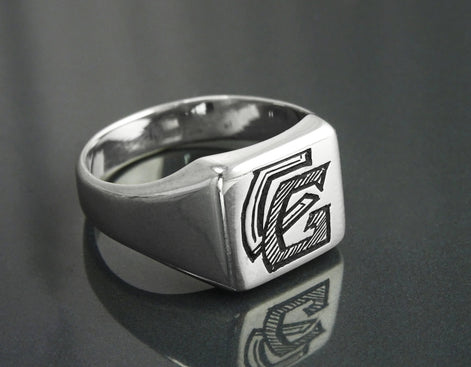 Hand Engraved Sterling Silver Signet Ring, Personalized Initials Jewelry