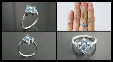 925 Sterling Silver Blue Aquamarine Color Cz Quatrefoil Ring, Chance Lucky Small Blue stone Ring,