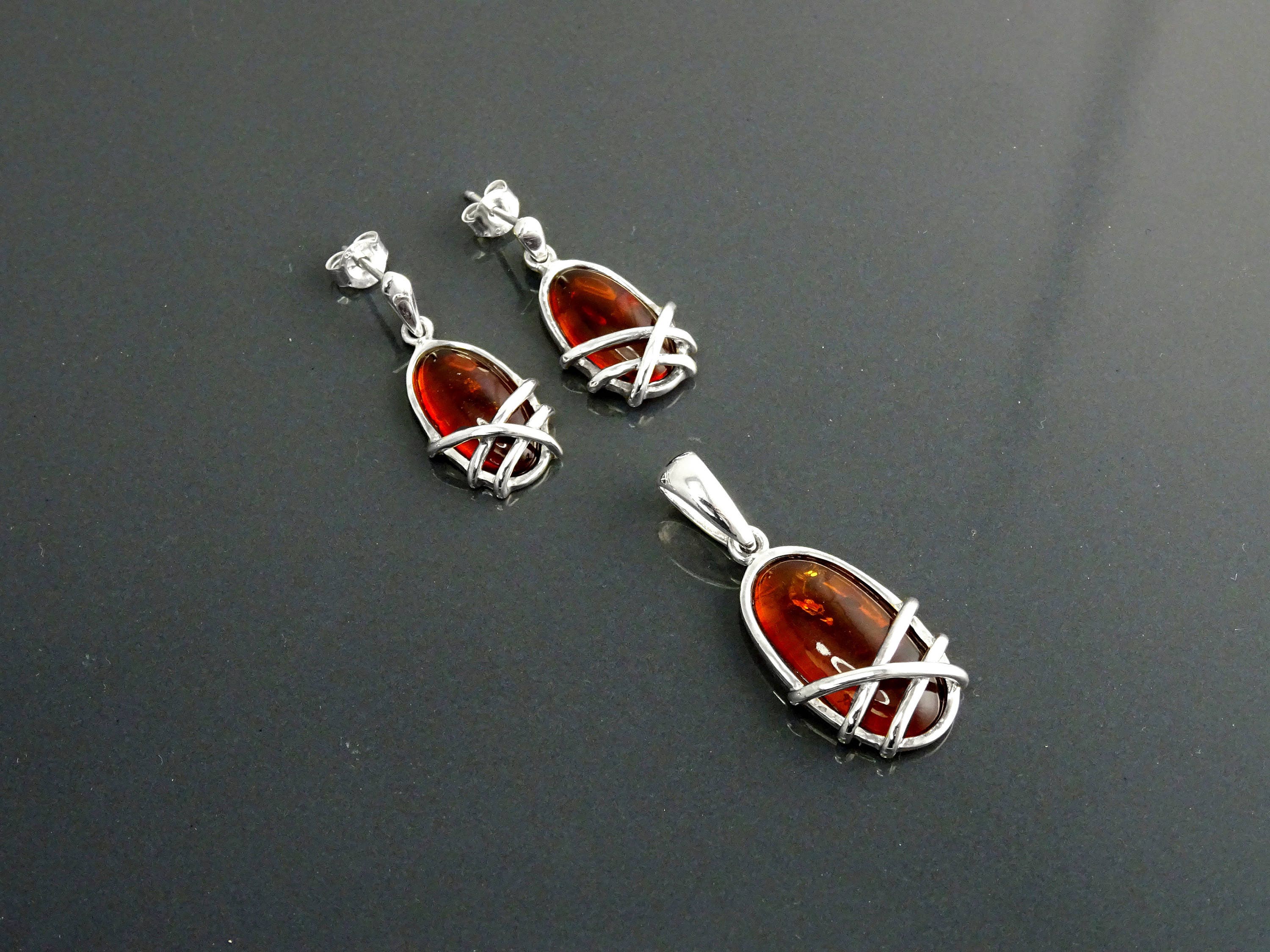 Sterling Silver Amber Earrings and Pendant Set, Handmade Oval Gemstone Jewelry