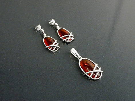 Sterling Silver Amber Earrings and Pendant Set, Handmade Oval Gemstone Jewelry