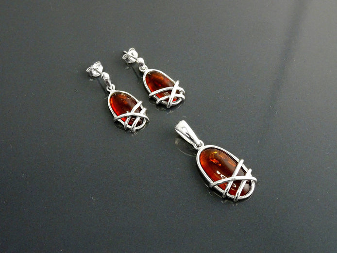 Sterling Silver Amber Earrings and Pendant Set, Handmade Oval Gemstone Jewelry