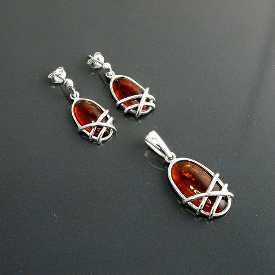 Sterling Silver Amber Earrings and Pendant Set, Handmade Oval Gemstone Jewelry