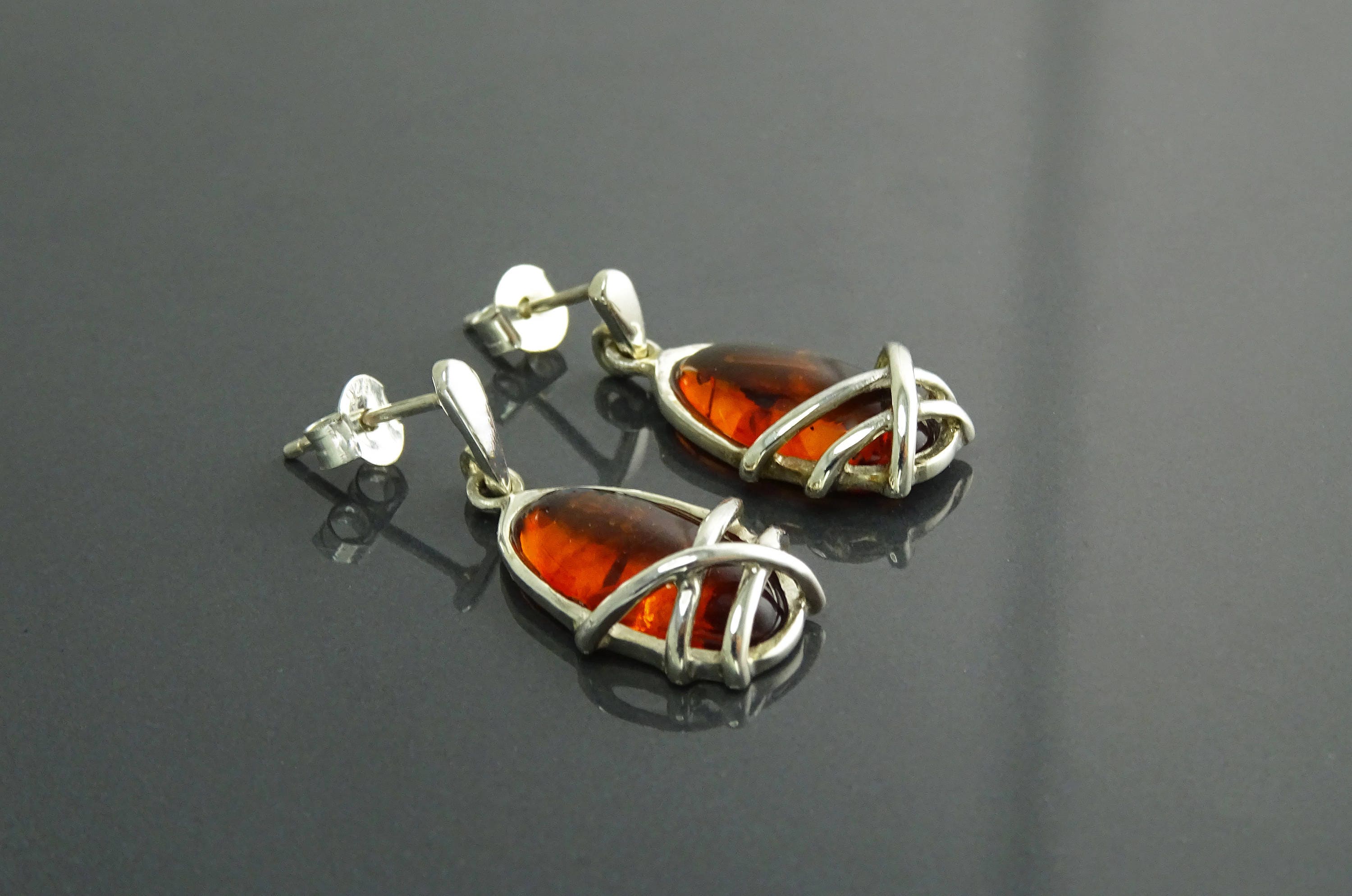Sterling Silver Amber Earrings and Pendant Set, Handmade Oval Gemstone Jewelry