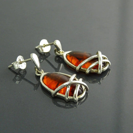 Sterling Silver Amber Earrings and Pendant Set, Handmade Oval Gemstone Jewelry
