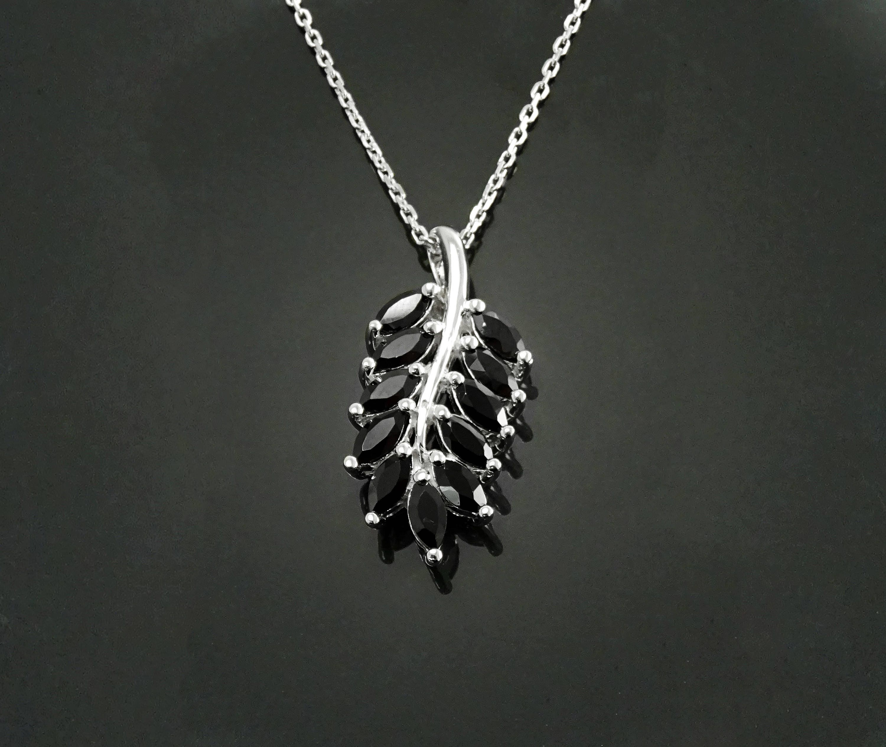 Sterling Silver Laurel Leaves Pendant, Black Lab CZ Stones, Retro Olive Branch Charm
