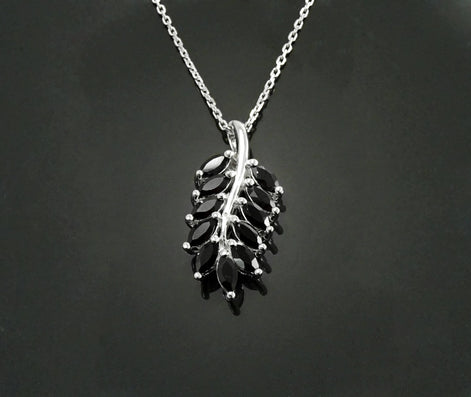 Sterling Silver Laurel Leaves Pendant, Black Lab CZ Stones, Retro Olive Branch Charm