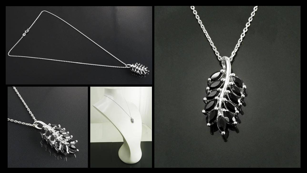 Sterling Silver Laurel Leaves Pendant, Black Lab CZ Stones, Retro Olive Branch Charm