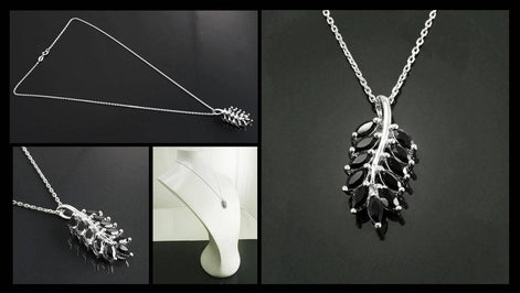 Sterling Silver Laurel Leaves Pendant, Black Lab CZ Stones, Retro Olive Branch Charm