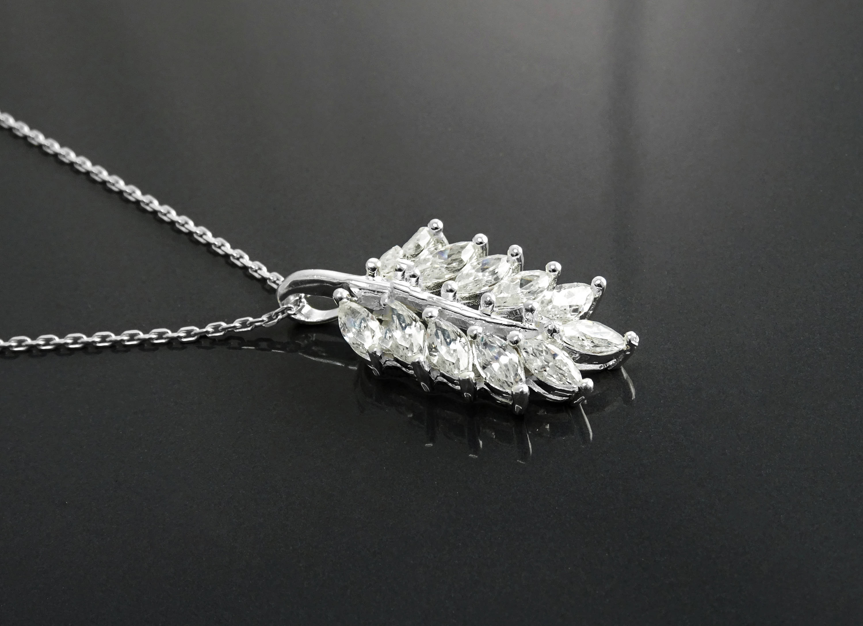 Laurel Necklace, Sterling Silver, White Clear Stone (Cz), Leaf Branch Charm, Unique Jewelry Gifts for Her, Women Leaves Pendant with stones