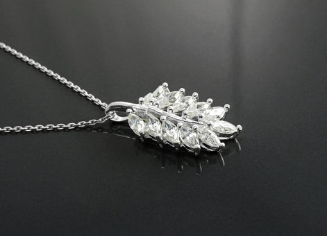 Laurel Necklace, Sterling Silver, White Clear Stone (Cz), Leaf Branch Charm, Unique Jewelry Gifts for Her, Women Leaves Pendant with stones