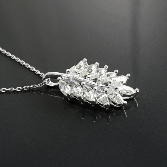 Laurel Necklace, Sterling Silver, White Clear Stone (Cz), Leaf Branch Charm, Unique Jewelry Gifts for Her, Women Leaves Pendant with stones