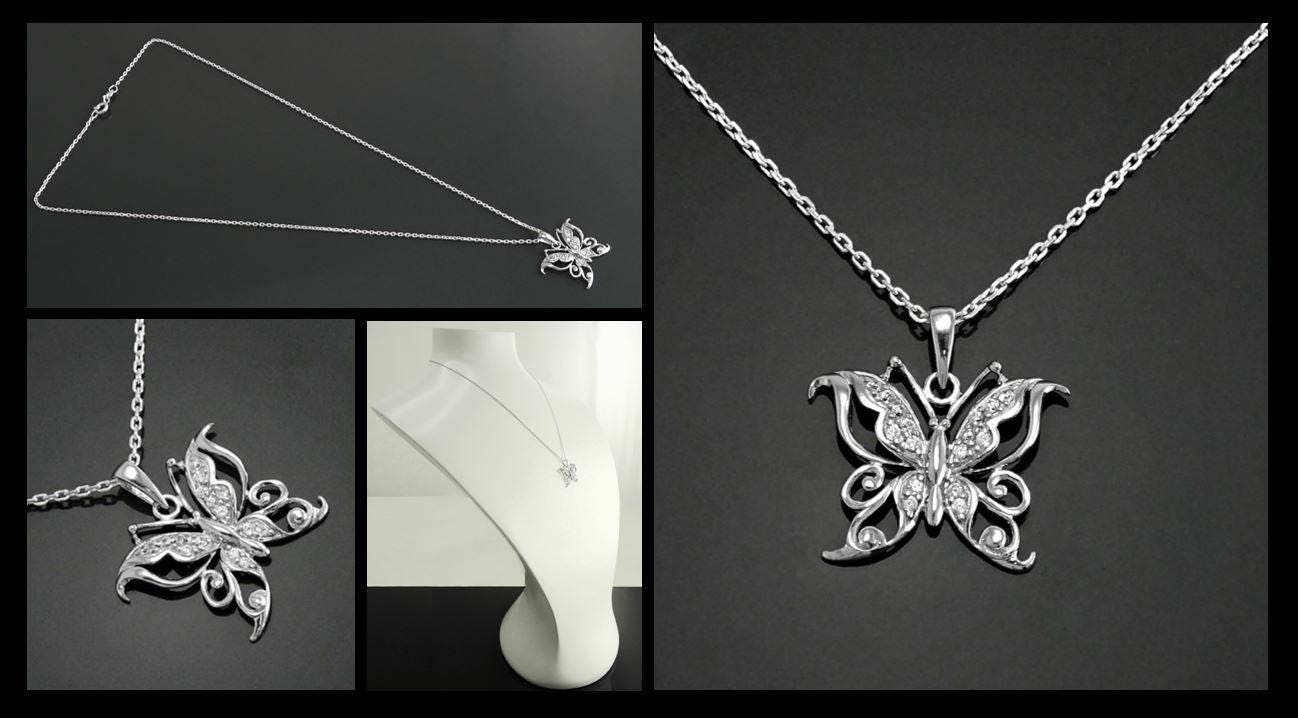 Diamond Butterfly Necklace • Sterling Silver Openwork Butterfly Pendant • Elegant Sparkling Nature Jewelry