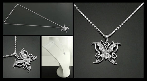 Diamond Butterfly Necklace • Sterling Silver Openwork Butterfly Pendant • Elegant Sparkling Nature Jewelry