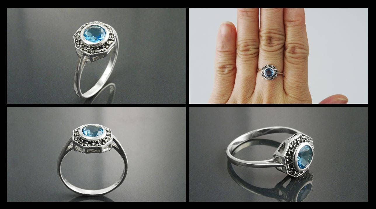 Topaz Marcasite Ring, Sterling Silver, Vintage Octagonal Ring, Lab Blue Topaz Simulant, Retro Azure Stone Rings, Dainty Rings, Women Gifts