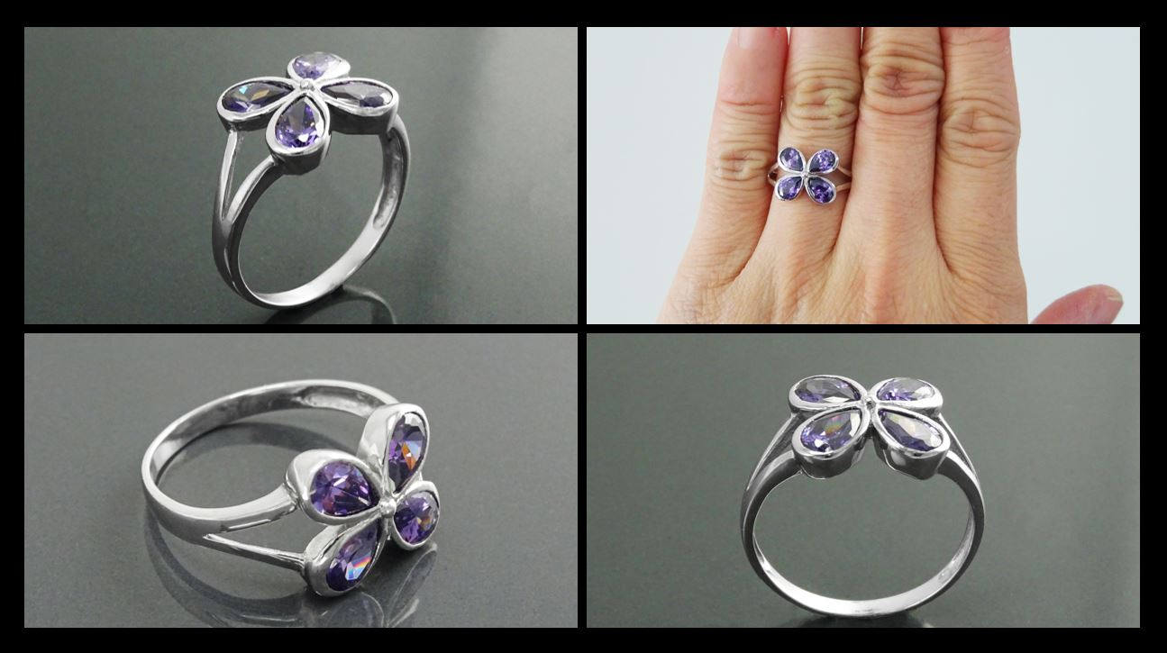 Sterling Silver Flower Ring, Amethyst Purple Color CZ, Modern Minimalist Jewelry