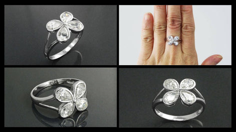 Sterling Silver Four-Leaf Clover Ring • Oval Sones CZ • Modern Jewelry
