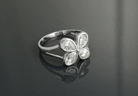 Sterling Silver Four-Leaf Clover Ring • Oval Sones CZ • Modern Jewelry