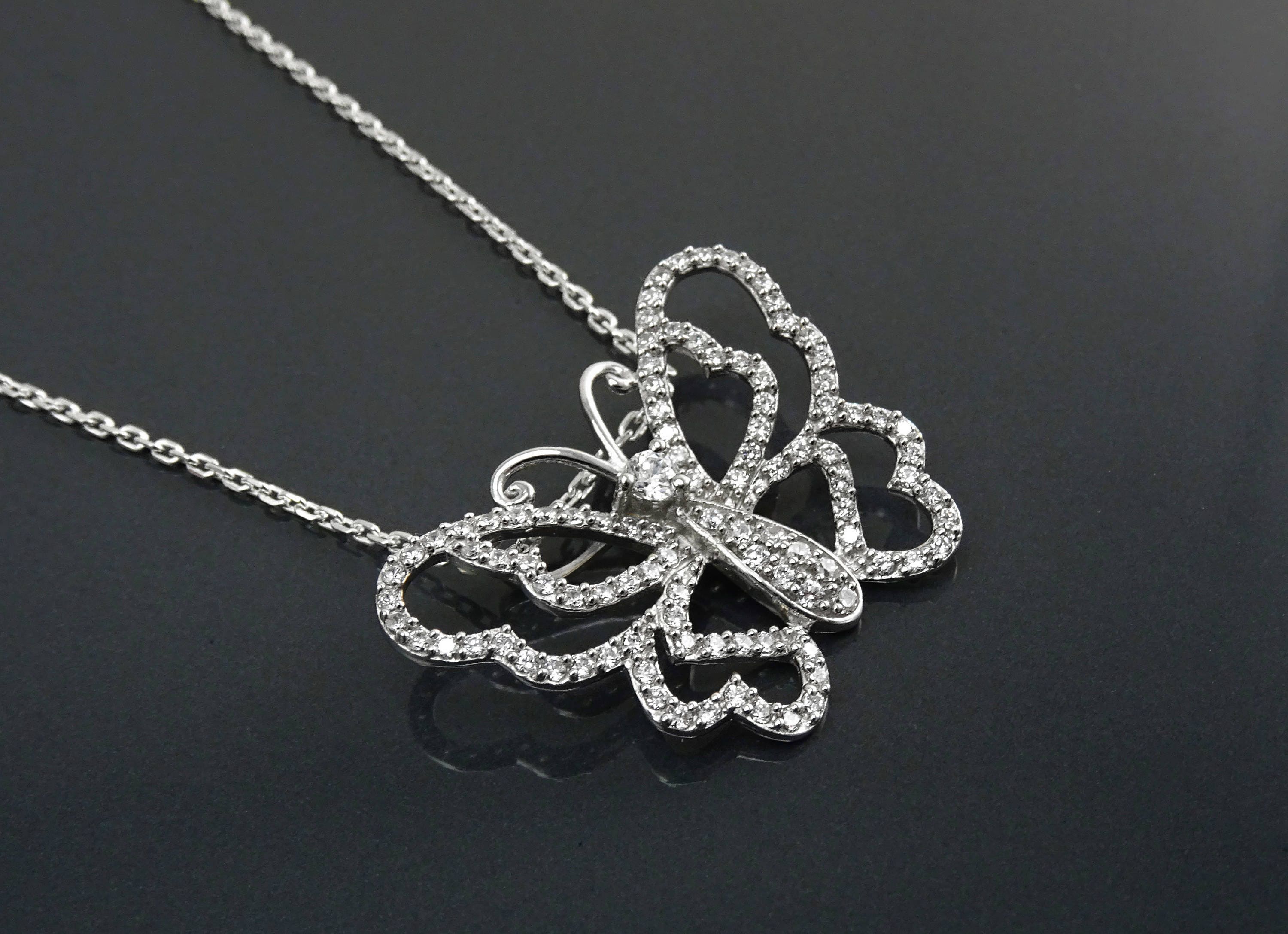 Sterling Silver Butterfly Necklace, Paved Brilliant CZ Wings, Nature Charm Jewelry