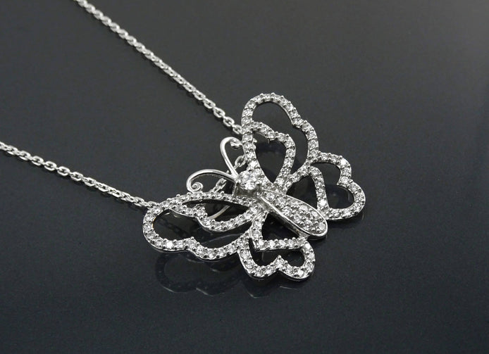 Sterling Silver Butterfly Necklace, Paved Brilliant CZ Wings, Nature Charm Jewelry