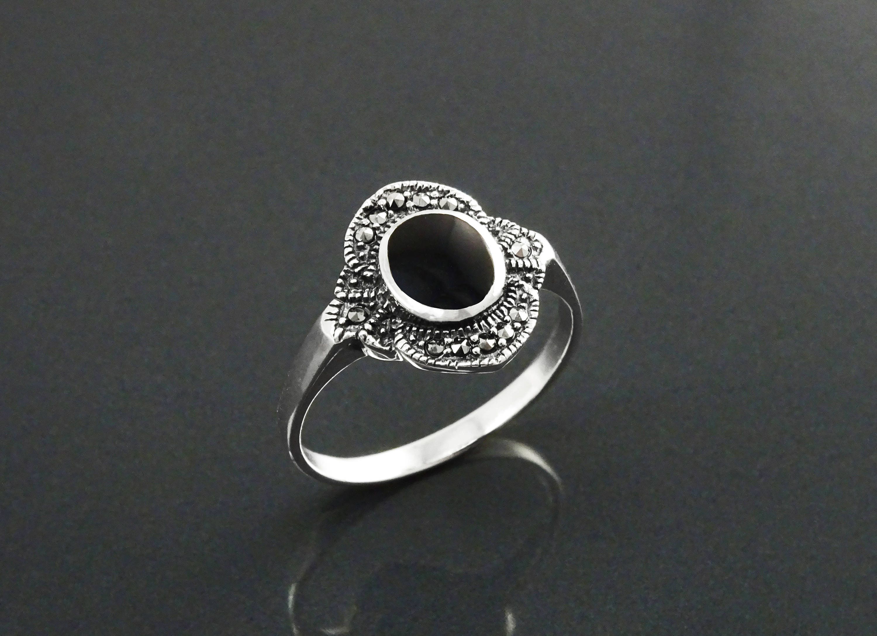 Art Deco Sterling Silver Black Onyx Marcasite Ring