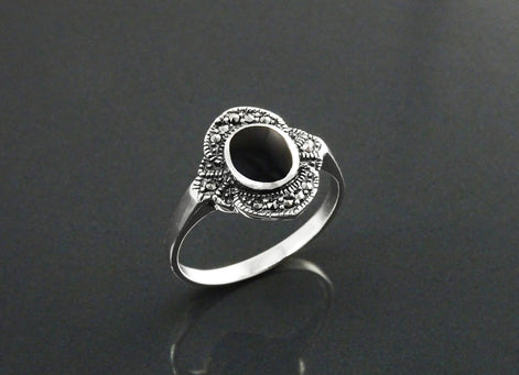 Art Deco Sterling Silver Black Onyx Marcasite Ring