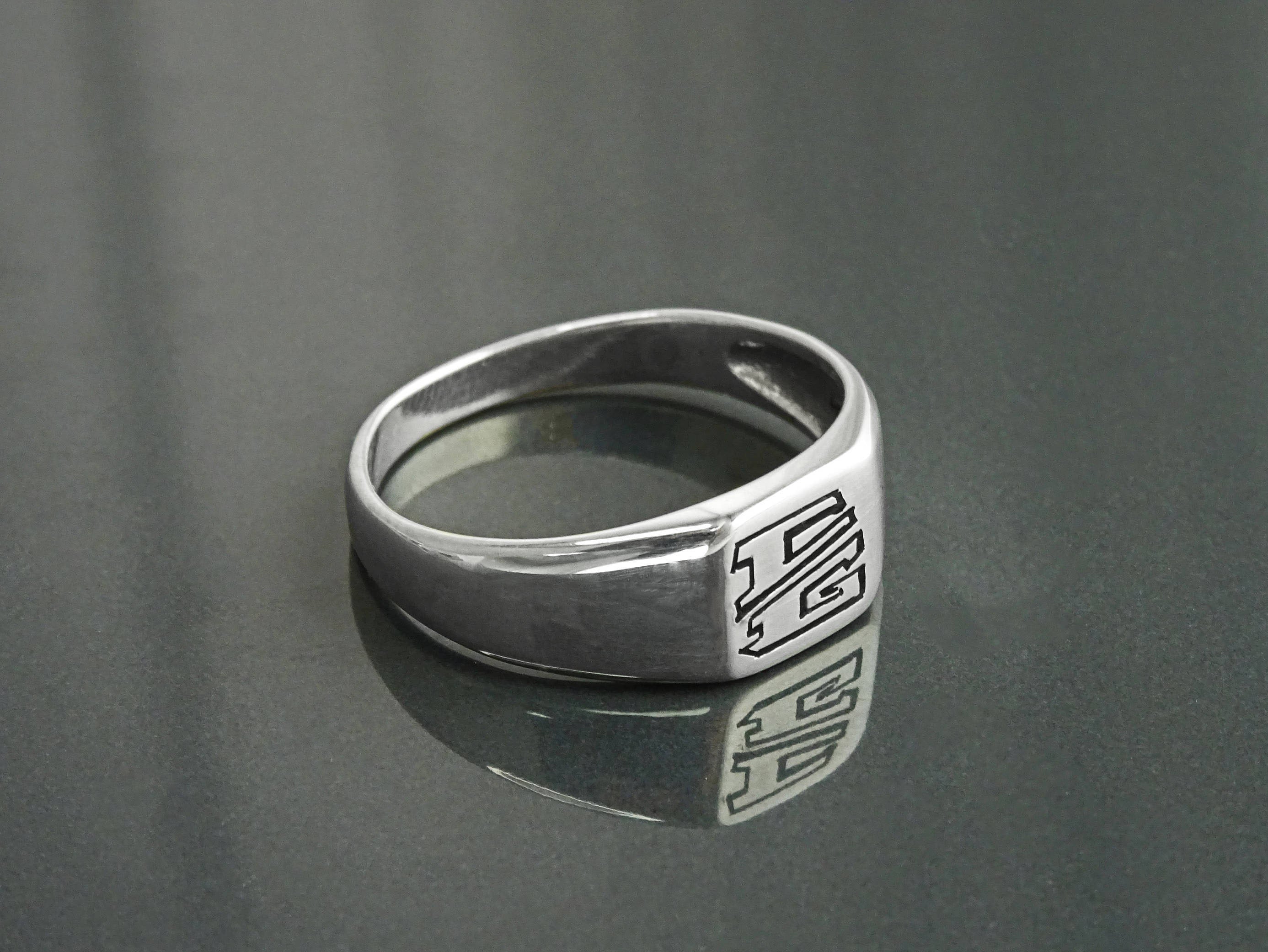 Hand Engraved Sterling Silver Signet Ring, Unisex Initial Jewelry