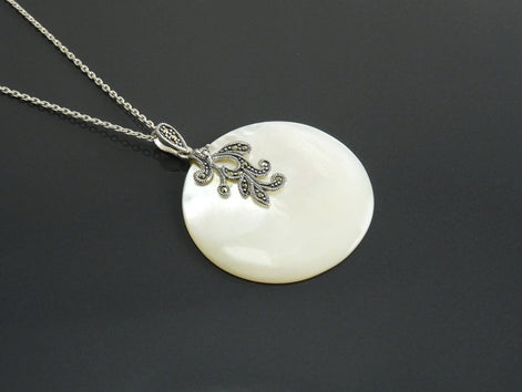 Art Deco Sterling Silver Mother of Pearl Pendant Necklace, Marcasite Jewelry