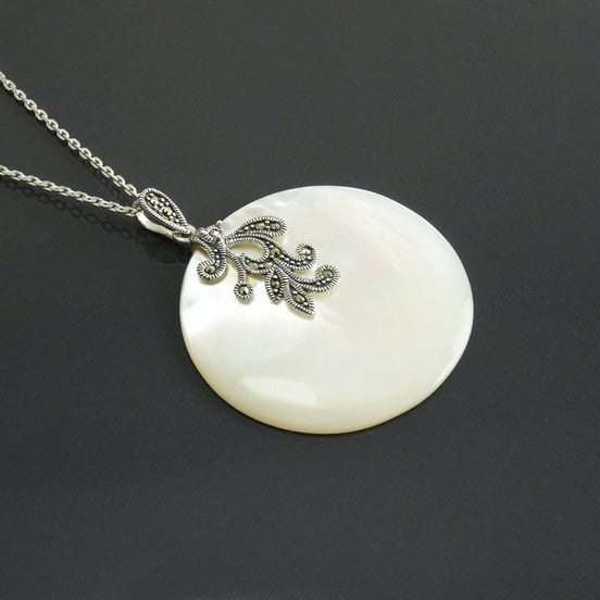 Art Deco Sterling Silver Mother of Pearl Pendant Necklace, Marcasite Jewelry