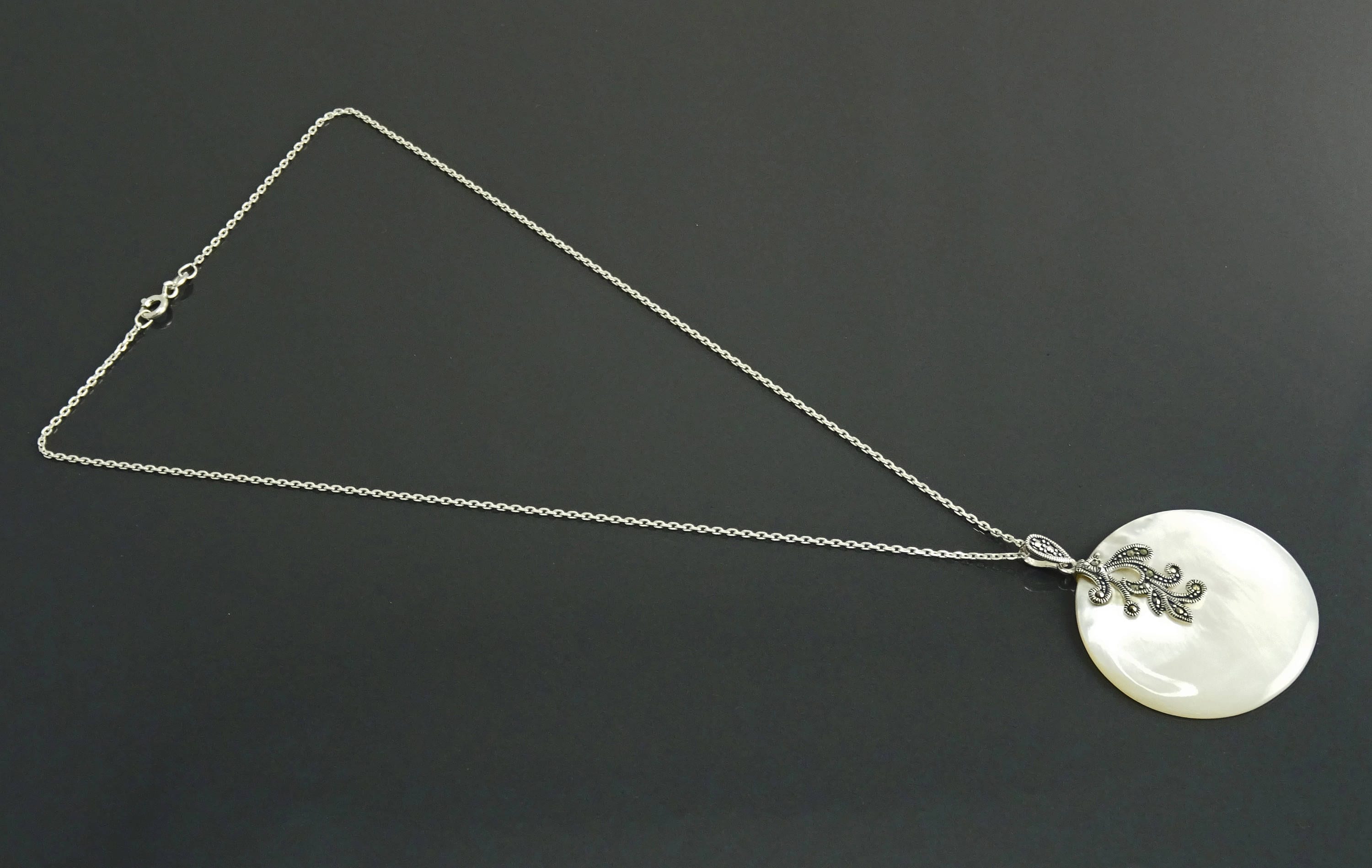 Art Deco Sterling Silver Mother of Pearl Pendant Necklace, Marcasite Jewelry