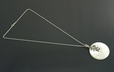 Art Deco Sterling Silver Mother of Pearl Pendant Necklace, Marcasite Jewelry