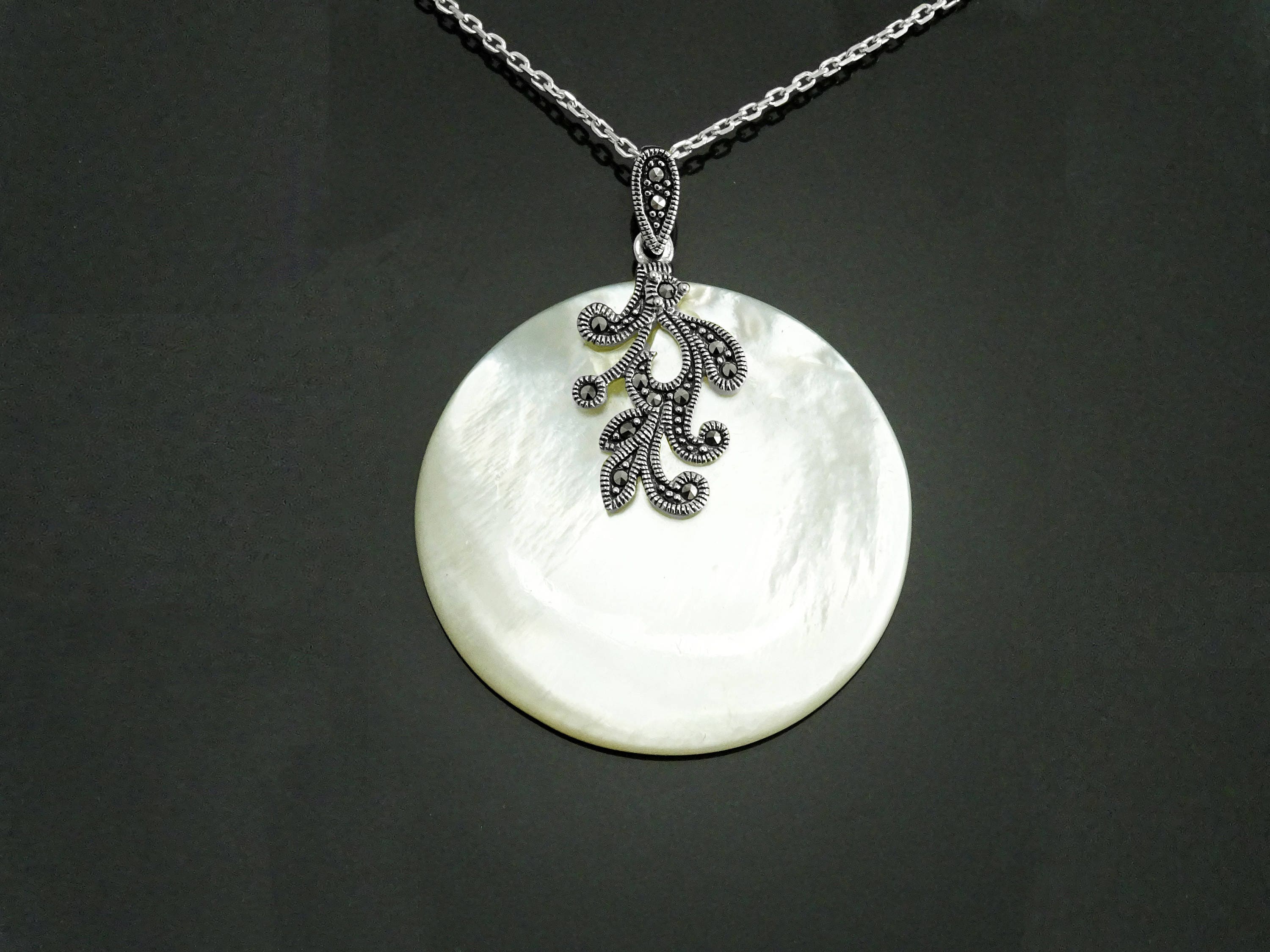 Art Deco Sterling Silver Mother of Pearl Pendant Necklace, Marcasite Jewelry