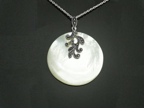 Art Deco Sterling Silver Mother of Pearl Pendant Necklace, Marcasite Jewelry