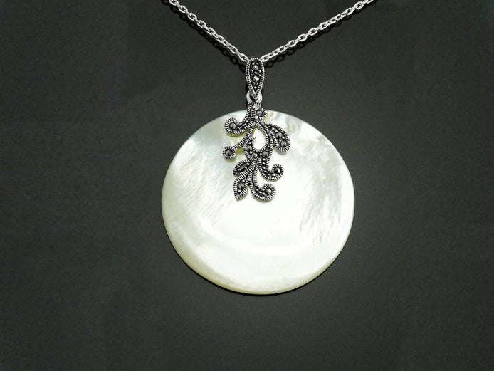 Art Deco Sterling Silver Mother of Pearl Pendant Necklace, Marcasite Jewelry